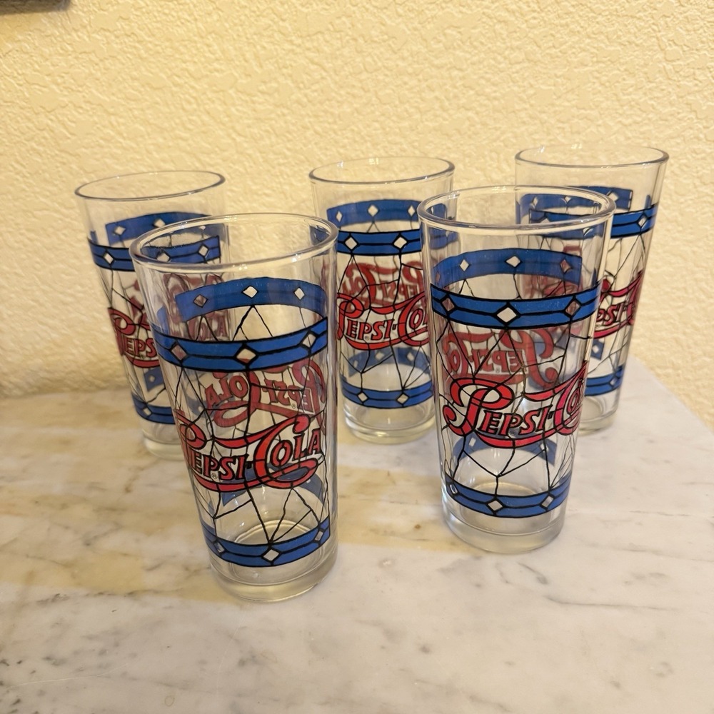 Pepsi Cola Drinking Glasses‎ Tiffany Style 1970s Stained Glass Set of 5 Vintage